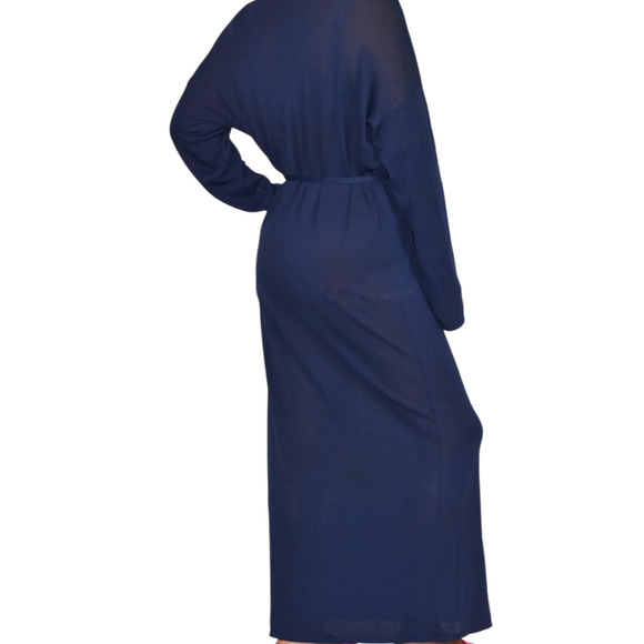 Zara Knit Maxi Dress Blue Sheer V Neck Oversized Belt Caftan Long Viscose Medium - Picture 3 of 14